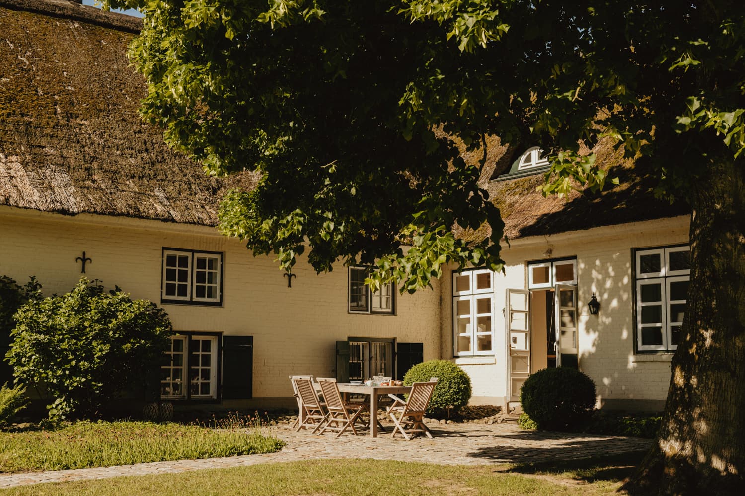 Sonniger Innenhof zwischen den Reetdach-Häusern mit Tisch unter altem Baum